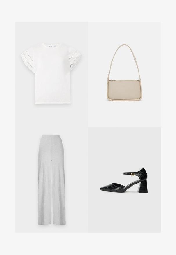 Tricou alb cu mâneci scurte, ondulate, prevăzut cu decupaje în formă de ochi. Material moale, guler rotund și un design simplu, fără embellismente suplimentare.; Pantaloni largi drepți gri deschis, cu un talie înaltă și o deschidere frontală. Fabricat dintr-un material moale cu o textură fină.; Pantofii negri din piele lăcuită cu toc înalt, vârf ascuțit, curea la gleznă și model texturat de crocodil. Design cu toc pătrat.; Even&Odd Geantă de mână - off white