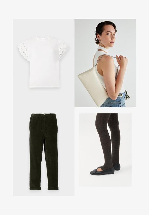 Hvid t-shirt med korte, bølgede ærmer og øskenudskæringer. Blødt stof, rund hals, og et enkelt design uden ekstra udsmykninger.; Mørkegrønne fløjlsbukser med en struktureret finish, der har en elastisk talje, forlommer og tapered ben.; Sorte flade sko med en lille sløjfedetalje ved tåen, parret med mørkebrune ribbede strømpebukser. Skoene har en glat overflade og lav profil.; Hvid rektangulær clutch-taske lavet af skinnende materiale, med en sølv kædetransport. Modellen poser, mens hun fremviser tasken mod en ensfarvet baggrund.