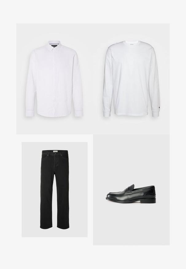 Bela srajca z dolgimi rokavi in gumbi, izdelana iz lana. Ima klasičen ovratnik in en sam žep na prsih z preprostim gumbom.; Bela dolgimi rokavi majica iz bombaža. Oblika s krožnim izrezom z rebrastimi manšetami in majhnim logotipom na levi rokavu. Gladka tekstura.; Črne usnjene naravne hlače imajo klasičen pet-žepni dizajn z gumbom za zapiranje, minimalnim šivanjem in mehkim občutkom.; Črni usnjeni loafersi z gladko površino, šivanim detajlom čez vamp in rahlo dvignjenim peto.