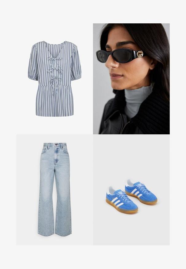 Moves STRIMMA - Blusa - turkish sea; Jeans anchos de mezclilla de un azul claro con una cintura alta, diseño clásico de cinco bolsillos y costuras en contraste. Detalle de dobladillo sin terminar en la parte inferior.; Zapatillas deportivas azules de ante con acentos de rayas blancas, suela de goma y cuello acolchado para mayor comodidad. Presenta un diseño clásico de cordones.; Gafas de sol negras con un elegante marco rectangular y un acento de logotipo dorado en el lateral. Las lentes oscuras y el acabado brillante son prominentes.