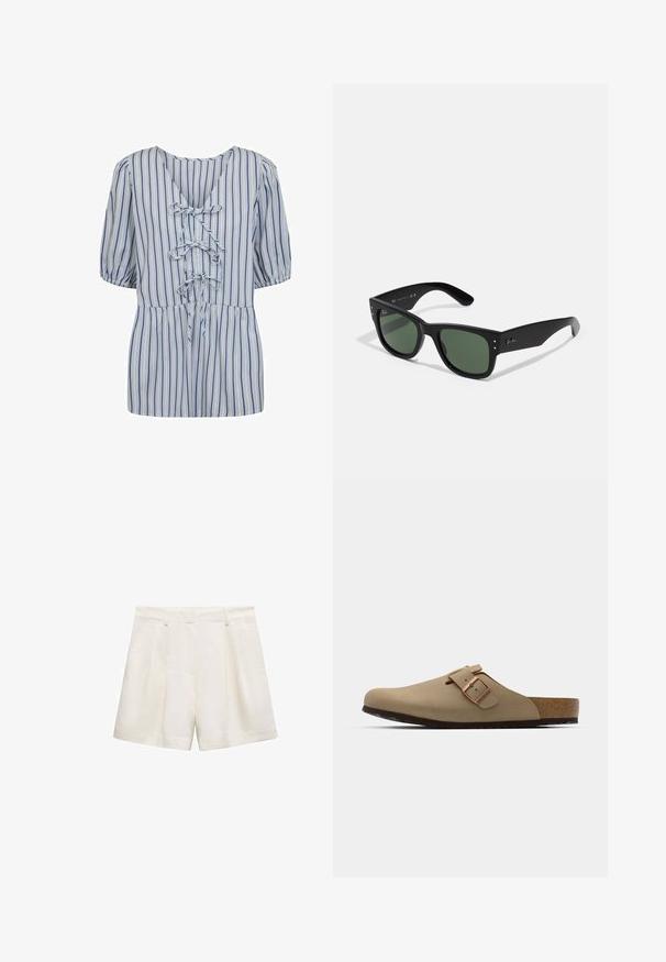 Moves - Bluzka; Białe szorty z gładkiego materiału, z plisowanym wzorem, bocznymi kieszeniami i dołem, który sięga tuż nad kolano.; Beżowe klapki z zaokrąglonym noskiem, regulowanym zapięciem i korkową wkładką. Teksturowana powierzchnia z czarną gumową podeszwą dla lepszej przyczepności.; Czarne prostokątne okulary przeciwsłoneczne z zielonymi soczewkami, matowe wykończenie, subtelne akcenty metalowe i wytłoczone logo na zauszniku.