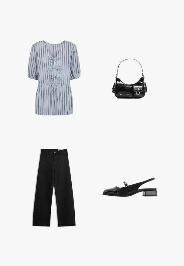 Moves STRIMMA - Bluse - turkish sea; Sorte wide-leg denim bukser med høj talje, der har front- og baglommer, syede sømme og en knaplukning. Glat tekstur.; Bershka BLOCK BUCKLED - MARY JANES 11626560 - Pumps - black; Sort patenteret læder håndtaske med en buet form, en skulderrem, frontlommer og hardware accenter i sølvfarve.