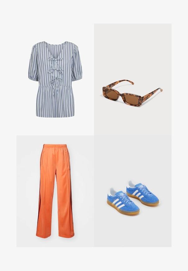 Moves STRIMMA - Blouse - turkish sea; Oranje sportbroek van soepel materiaal, met een wijd pijpdesign, elastische tailleband en contrasterende zijstrepen.; Blauwe suède sportschoenen met witte gestreepte accenten, rubberen zool en een gevoerde kraag voor comfort. Beschikt over een klassiek vetersluiting ontwerp.; Tortoiseshell zonnebril met rechthoekige bruine lenzen, een dik montuur en slanke armen met een patroon van variërende bruintinten.