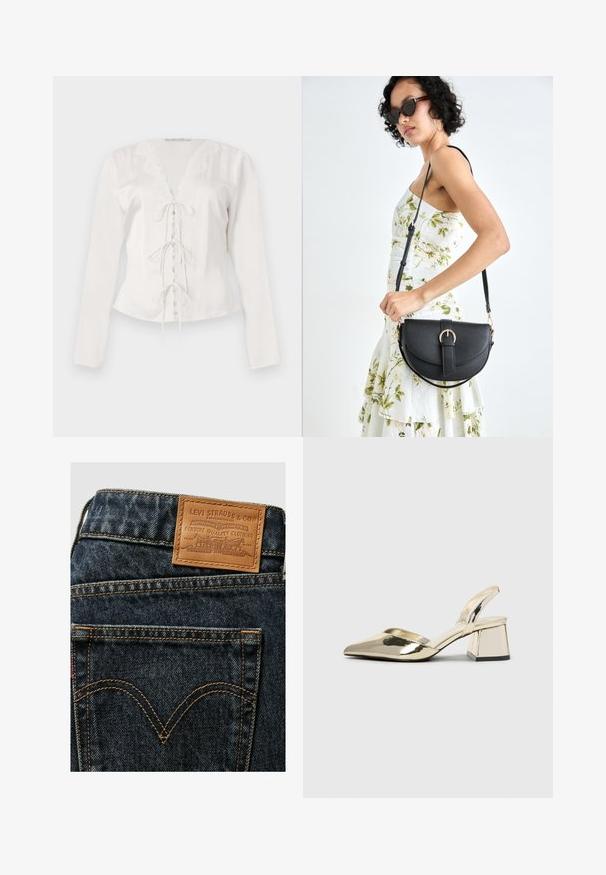 Witte blouse met lange mouwen en kantafwerking langs de V-hals, met een striksluiting in het midden. Gladde stof met een getailleerde pasvorm.; Levi's® GOOD GRADES - Flared Jeans - boss business; Gouden, metalen slingback hakken met een spitse neus en een chunky hak. Glad oppervlak, minimalistisch ontwerp en een smalle band.; Zwarte leren handtas met een gebogen vorm, afneembare schouderband en gouden hardware. De tas heeft een klep met een gespsluiting.; Gouden ringoorbellen, vier stuks, met een gladde afwerking, afgerond ontwerp, variërende maten, voorzien van een scharniersluiting voor gemakkelijk dragen.