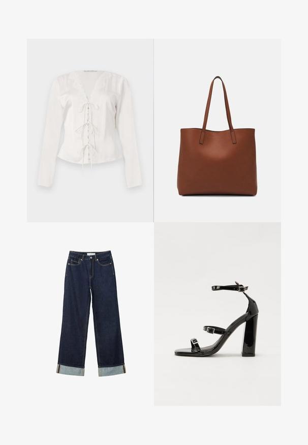 Vit långärmad blus med spetskant längs V-ringningen och en snörning i mitten. Slätt tyg med en figurnära silhuett.; Mörkblå vida jeans med hög midja, utrustade med uppvikta fållar, kontrasterande sömmar och femficksdesign. Tillverkade av denimtyg.; Svarta lackerade klacksandaler med fyrkantig tå, ankelremmar och silverfärgade spännen. Har en kraftig blockklack för stabilitet.; Brun läder tote-väska med en slät textur, öppen toppdesign och två axelremmar. Har minimal söm och ingen synlig metalldetalj.