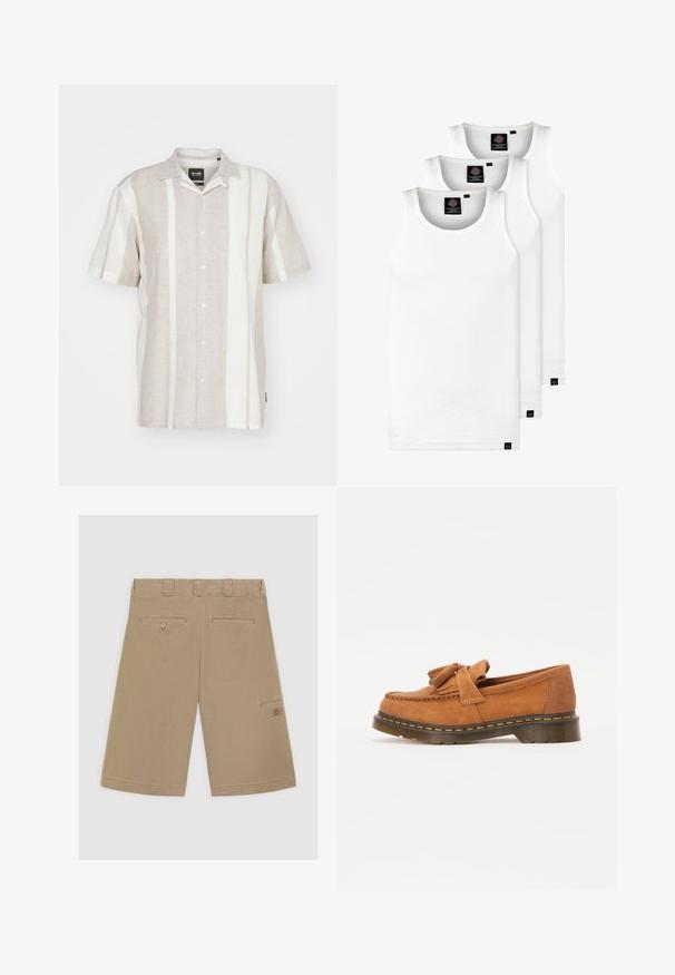 Short-sleeve linen shirt in light beige with vertical off-white stripes, featuring a buttoned front and a classic collar design.; Three white ribbed tank tops made of cotton. Features a crew neck and small black labels near the hem. Available in multiple sizes.; Light brown shorts with a flat front, two back pockets, and a side cargo pocket. Made from smooth cotton fabric.; Brown suede loafers with a tasseled bow accent, featuring a rounded toe and a thick, ridged sole with orange stitching detail.