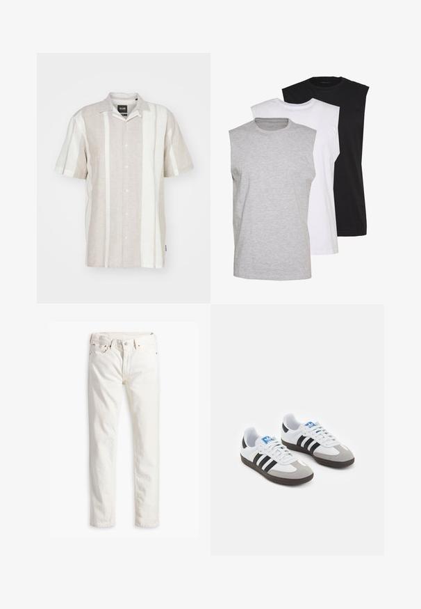Korte mouwen linnen shirt in lichtbeige met verticale off-white strepen, met een knoopsluiting aan de voorkant en een klassiek kraagontwerp.; Drie mouwloze T-shirts in grijs, wit en zwart. Zacht katoenmateriaal met een ronde hals en een relaxte pasvorm. Eenvoudig ontwerp, geen patronen.; Witte denim spijkerbroek met een rechte pasvorm, vijf zakken, koperen knoop en klinknagels, en een subtiele textuur in de stof. Geen zichtbare patronen.; Sportschoenen met een witte leren bovenkant, grijze suède neus en drie zwarte strepen. Bevat een blauw logo op de tong en een gestructureerde rubberen zool.
