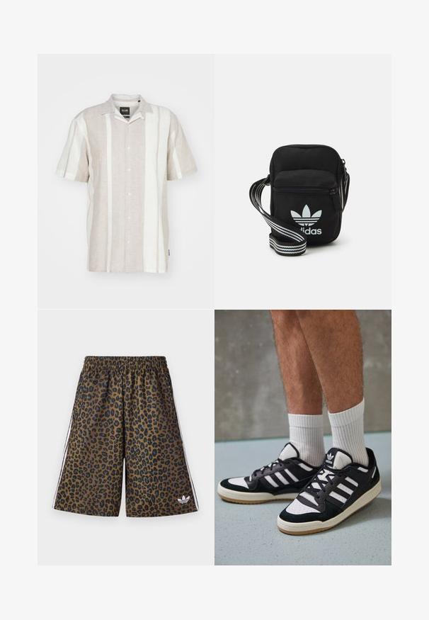 Kurzärmliges Leinenhemd in hellbeige mit vertikalen elfenbeinfarbenen Streifen, mit geknöpften Vorderseite und klassischem Kragendesign.; Leopardenprint-Shorts in Braun und Schwarz, mit elastischem Bund und weißen Seitenstreifen. Aus glattem, leichtem Material gefertigt.; Schwarz-weiße Sneaker mit einem Obermaterial aus Wildleder und Leder, ausgestattet mit drei weißen Streifen, einer perforierten Zehenpartie und einer Sohle aus Gummi.; Schwarze Umhängetasche aus Stoff mit Reißverschluss, ausgestattet mit einem weißen Adidas-Logo und einem gestreiften, verstellbaren Tragegurt für einfachen Transport.
