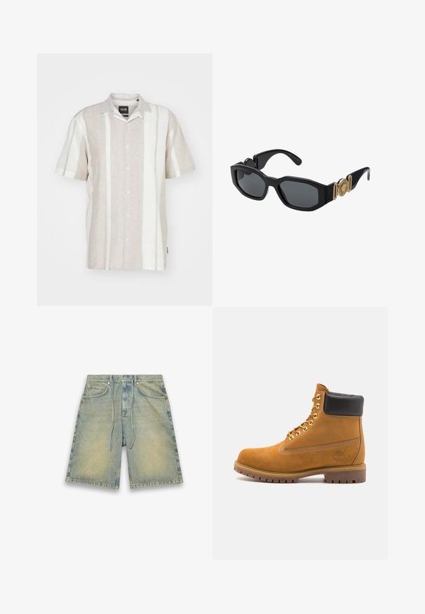 Kurzärmliges Leinenhemd in hellbeige mit vertikalen elfenbeinfarbenen Streifen, mit geknöpften Vorderseite und klassischem Kragendesign.; Hellblaue Jeansshorts mit einem elastischen Kordelzugbund, vorderen Taschen und verblasster Textur. Mit subtilen Verfärbungen und geradem Schnitt.; Beige Wildleder-Ankle-Boot mit schwarzem gepolstertem Kragen, goldenen Metallösen, weißen Nähdetalben und einer robusten Gummisohle mit ausgeprägtem Profil.; Schwarze Sonnenbrille mit einem massiven geometrischen Rahmen, dunklen Gläsern und goldenen Metallelementen an den Bügeln, die ein rundes Emblemdetail aufweisen.