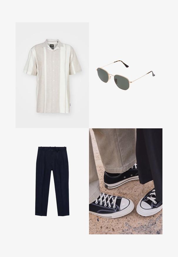 Kurzärmliges Leinenhemd in hellbeige mit vertikalen elfenbeinfarbenen Streifen, mit geknöpften Vorderseite und klassischem Kragendesign.; Marineblaue Hose aus glatt gewebtem Stoff, mit einem leicht taillierten Schnitt, Vorderfalten, Gürtelschlaufen und einem Einzelknopfverschluss.; Schwarze Segeltuch-Sneaker mit weißen Gummi-Zehenkappen und Schnürsenkeln. Kontrastnähte und Metallösen geben dem Schuh Detail. Getragen mit beigen Hosen und einem schwarzen Stoff.; Goldfarbene Metallrahmen-Sonnenbrillen mit dunkelgrünen Gläsern im Pilotenstil, mit schlanken Bügeln und Schildpatt-Akzenten an den Spitzen.