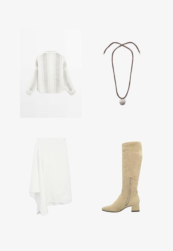 Langarmhemd in Hellgrau und Weiß, mit vertikalen Streifen, einem Kragen und geknöpften Manschetten. Hergestellt aus einem strukturierten, leichten Stoff.; Weißes Baumwoll-T-Shirt mit kurzen Ärmeln, Rundhalsausschnitt und lockerer Passform. Glatte Textur und schlichtes Design, keine Muster oder Akzente.; Asymmetrischer weißer Rock aus weichem, leichtem Material; ausgefranster Saum; glatte Textur; fällt auf einer Seite elegant.; Beige Wildleder-Stiefel bis zum Knie mit spitzem Zeh, Blockabsatz und einem seitlichen Reißverschluss für einfachen Einstieg. Glatte Textur und minimalistisches Design.; Halskette mit einem braunen Band und einem silbernen ovalen Anhänger. Der Anhänger hat eine glatte Oberfläche und eine leichte Vertiefung in der Mitte.