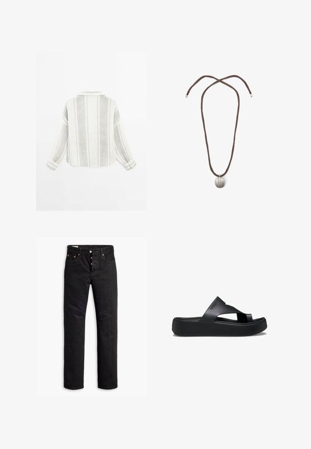 Lange mouwen shirt in lichtgrijs en wit, met verticale strepen, een kraag en knopenmanchetten. Gemaakt van een ge Textureerd, lichtgewicht stof.; Zwarte denim jeans met een rechte snit, vijf-pocket ontwerp en een knoopsluiting. Beschikt over koperen klinknagels en stikselaccenten.; Zwarte platform flip-flops met een getextureerde rubberen zool, voorzien van een kruisbandontwerp en een matte afwerking. Merklocatie subtiel aan de zijkant.; Halsketting met een bruine koord en een zilveren ovale hanger. De hanger heeft een glad oppervlak en een lichte indeuking in het midden.