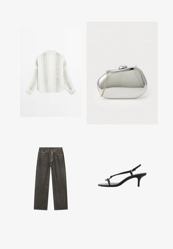 Dlouhý rukáv košile ve světle šedé a bílé barvě, s vertikálními pruhy, límečkem a knoflíkovými manžetami. Vyrobena z texturované, lehké tkaniny.; Tmavě šedé široké džíny vyrobené z denimu, se klasickým pětipocketovým designem, pevným šitím a zipem s knoflíkovým zapínáním.; Černé kožené sandály na kotníkovém podpatku s tenkými pásky, zlatou sponou a minimalistickým provlečením na prstech na bílém pozadí.; Stříbrná kovová spojka s zaobleným, hladkým tvarem. Obsahuje uzávěr na klips a odnímatelný řetízek. Reflexní povrch bez vzorů.