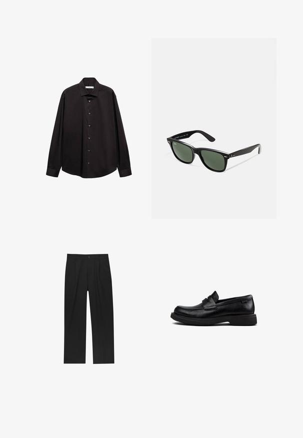 Camicia nera a maniche lunghe con bottoni, realizzata in tessuto liscio, dotata di colletto classico e bottoni frontali. Nessun motivo visibile o decorazione.; Pantaloni neri con un design a gamba dritta, realizzati in un tessuto liscio. Presentano pieghe frontali e una chiusura a un bottone in vita.; Mocassino nero in pelle senza lacci con punta rotonda, suola bassa e fascia decorativa sulla parte superiore.; Occhiali da sole in plastica nera con lenti verdi, montatura quadrata, dettaglio argento sulla parte superiore e steli con texture. Marchio indicato sulla parte interna dello stelo.