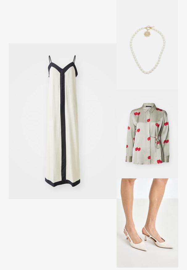 Zelená saténová košeľa s golierom na gombíky, dlhými rukávmi a tlačenými červenými čerešňami. Obsahuje opasok na zaväzovanie v páse a má hladkú textúru.; Bezrukávové maxi šaty v krémovej farbe s hlbokým V-výstrihom a čiernym lemovaním pozdĺž okrajov a prednej časti. Vyrobené z ľahkej tkaniny.; Bežové lakované lodičky na podpätku so špicatou špičkou a 5 cm podpätkom, s výrezmi po stranách a tenkým remienkom okolo členka.; Biela kvetinová taška s nariaseným textilným povrchom, zlatým reťazovým popruhom a kovovým zámkom. Obsahuje textúrované okvetné lístky pre väčší detail.; Lauren Ralph Lauren COLLAR - Náhrdelník - gold-coloured/white