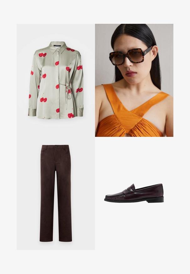 Green satin shirt with a button-down collar, long sleeves, and red cherry prints. Features a tie belt at the waist and a smooth texture.; Straight-leg dark brown suede pants with front button and zip closure, belt loops, and side pockets.; Men’s dark brown leather penny loafer with black sole and stitching detail along the toe, shown in side profile.; Brown tortoiseshell oversized sunglasses with a wide rectangular frame and gradient lenses. Gold logo detail on the side.; Brown woven leather tote bag with two handles, a structured shape, and a textured surface, featuring a diamond pattern throughout.