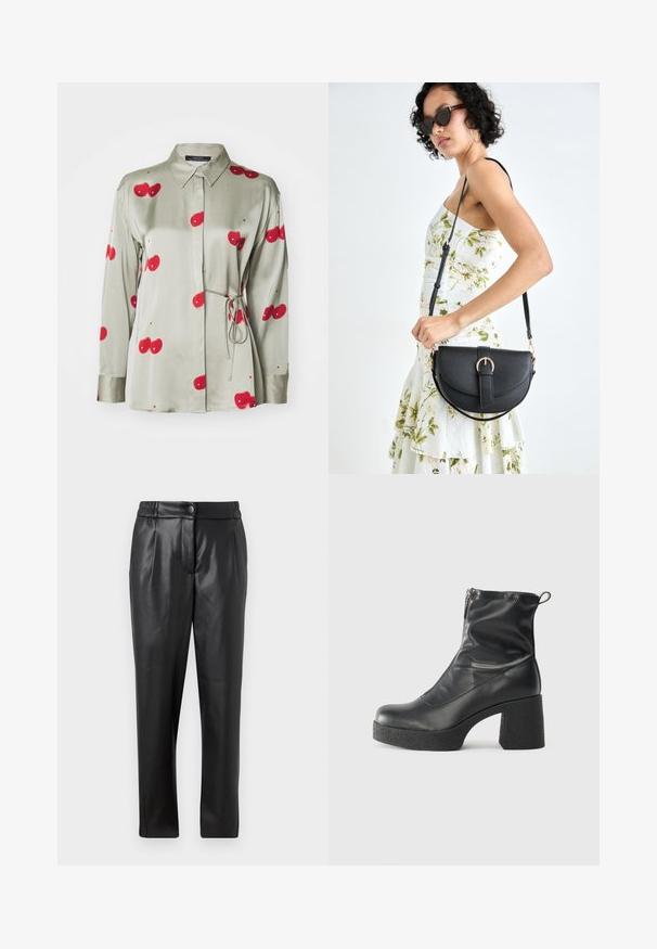 Grøn satin skjorte med button-down krave, lange ærmer og røde kirsebærtryk. Har et bælte ved livet og en glat tekstur.; Sorte læderbukser med en glat tekstur, lige pasform, elastisk talje og en lynlåslukning foran; plisserede detaljer og tætsiddende ben.; Sorte ankelstøvler lavet af glat læder, med en sidelukning, kraftig struktureret hæl og rundt tådesign.; Sort læderhåndtaske med en buet form, aftagelig rem og guldfinish. Tasken har en klap med en spænde detalje.
