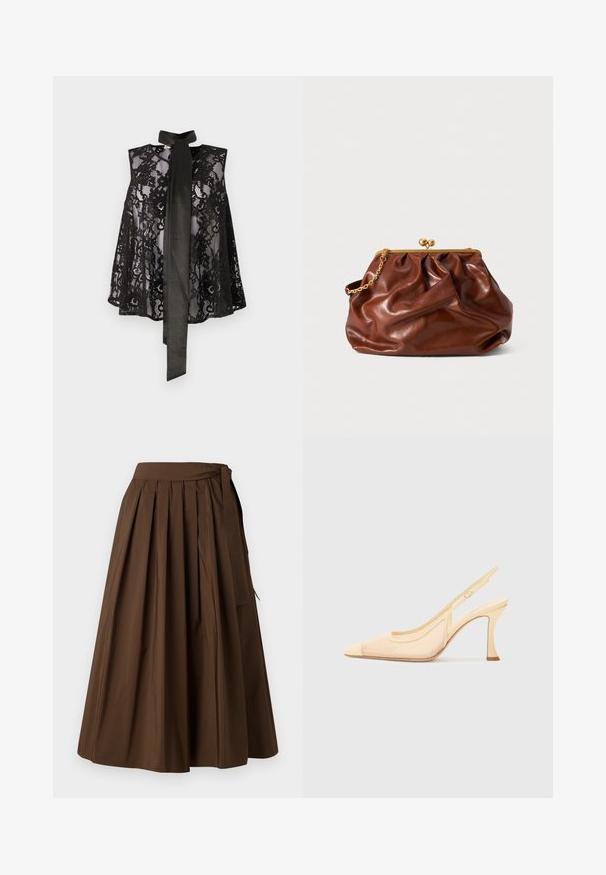 Crna čipkasta majica bez rukava s vezicom oko vrata. Čipka ima cvjetne uzorke i prozračnu teksturu, stvarajući elegantan izgled.; Smeđa plisirana suknja izrađena od tkanine glatke teksture, s visokim strukom i bočnim vezanjem kao detaljem za zatvaranje.; Cipele na visokom petu sa slingback dizajnom u svijetlosmešastoj mrežici, s isklesanim vrhom i tankim, zakrivljenim potpeticama, koje imaju minimalistički naglasak s kopčom.; Smeđa kožna torbica s zlatnim okvirom i kratkom zlatnom lancem, koja se odlikuje mekanom, naboranom teksturom na bijeloj pozadini.