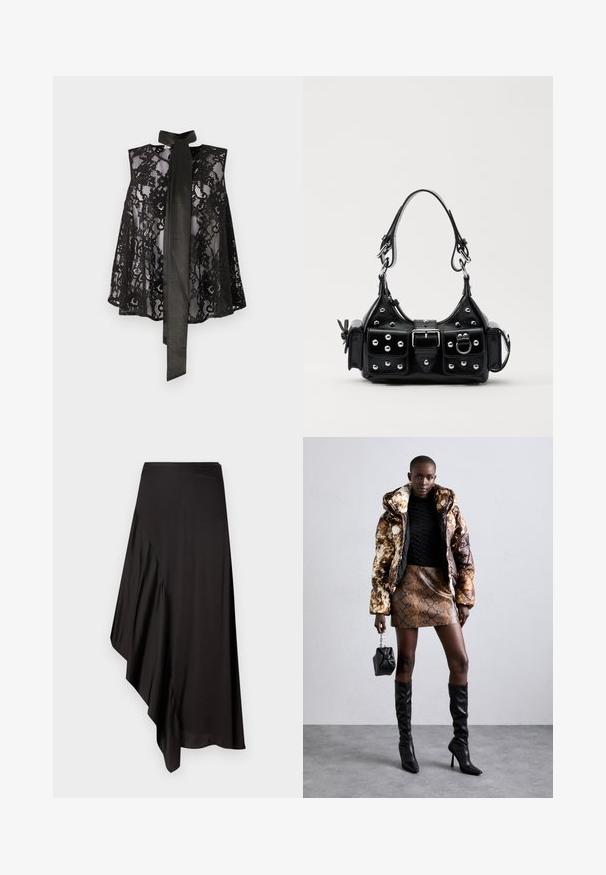 Schwarzes Spitzenoberteil mit ärmellosem Design und einer Halsbinde. Die Spitze hat florale Muster und eine durchsichtige Textur, was einen eleganten Look kreiert.; AERON ASTER SKIRT - Bleistiftrock - black; Puffermantel mit einem braunen und schwarzen Muster, kombiniert mit einem mini Rock in Schlangenoptik in Braun, schwarzen kniehohen Stiefeln und einer kleinen schwarzen Tasche.; Schwarze Lederhandtasche mit einem geschwungenen Design, verziert mit silbernen Nieten, einer Schnalle und zwei seitlichen Taschen. Verstellbarer Träger für verschiedene Tragemöglichkeiten.