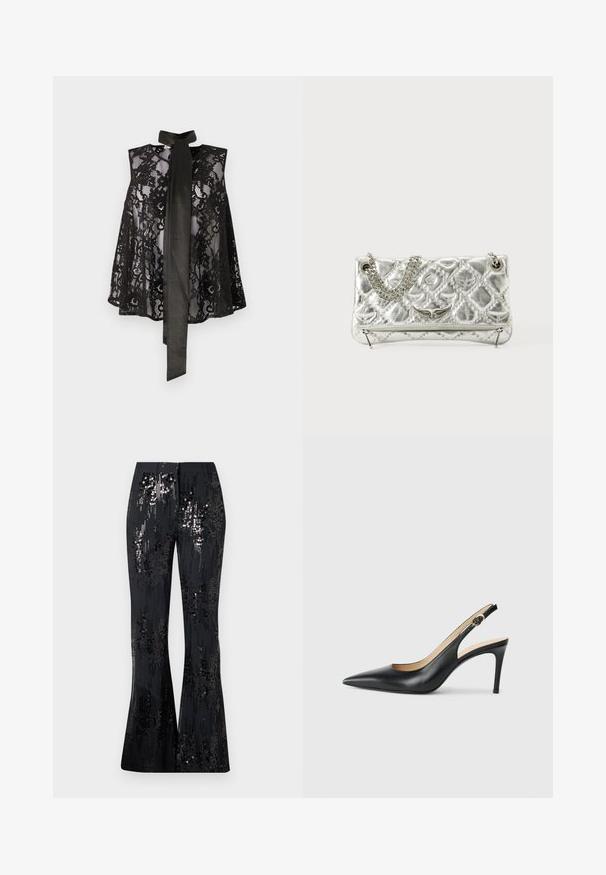 Haut en dentelle noire avec un design sans manches, doté d'un nœud au cou. La dentelle présente des motifs floraux et une texture transparente, créant un look élégant.; The Kooples PANTALON SEUL - Pantalon classique - black; Escarpins en cuir noir avec une pointe fine, une bride ajustable et un talon aiguille élégant, présentant une finition lisse.; Sac à main en métal argenté avec une poignée en chaîne, texture matelassée, couture décorative et fermeture éclair. Présente des accents embossés sur le devant.