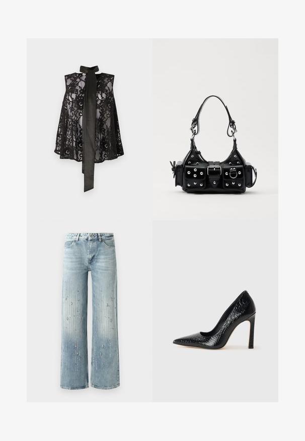 Czarna koronkowa bluzka bez rękawów z wiązaniem przy szyi. Koronka ma kwiatowe wzory i przezroczystą teksturę, co tworzy elegancki wygląd.; Jasnoniebieskie dżinsy typu wide-leg wykonane z denimu, z gradientowym efektem kolorystycznym i ozdobami z srebrnych cyrkonii w pionowym wzorze.; Czarne szpilki z ostrym noskiem, pokryte teksturą skóry krokodyla, charakteryzujące się eleganckim wzornictwem, wysokim obcasem w stylu stiletto oraz gładkim czarnym wnętrzem.; Czarna skórzana torebka w zakrzywionym kształcie, z srebrnymi ćwiekami, klamrą i dwoma bocznymi kieszeniami. Regulowany pasek umożliwiający różne opcje noszenia.