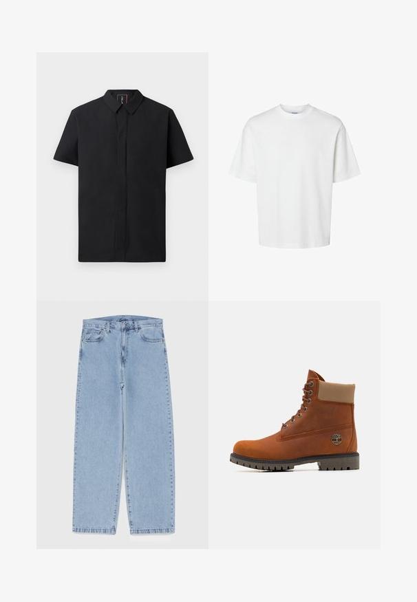 Rövid ujjú fekete ing, struktúrált gallérral, elülső gombolással és sima anyagtextúrával. Egyszerű, modern dizájn.; Fehér pamut póló rövid ujjakkal, kerek nyakkivágással és laza szabással. Simább textúra, látható minták vagy kiegészítők nélkül.; Világoskék farmernadrág egyenes szárú kivitelben, közepes derékkal, öt zsebbel, gombos és cipzáros záródással.; Timberland Fűzős bokacsizmák - medium orange