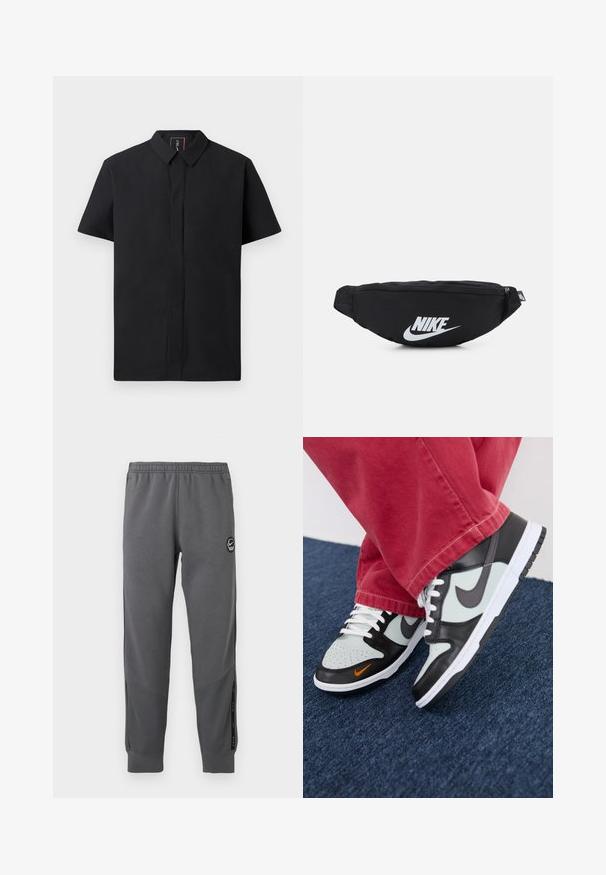 Majica s kratkimi rokavi črne barve z oblikovanim ovratnikom, ki ima sprednji preklop in gladko teksturo tkanine. Preprost, sodoben dizajn.; Sive hlače za prosti čas iz mehkega blaga z elastičnim pasom, ožjimi nogami, stranskimi ploščami in okroglo logotipno nalepko.; Nike Sportswear NIKE DUNK LOW UNISEX - Športni copati - black/med ash/light silver/bright mandarin/summit white/white; Črna najlon fanny pakica z zadrgo, ki ima velik bel Nike logotip. Gladka tekstura in ergonomska zasnova za udobno nošenje.