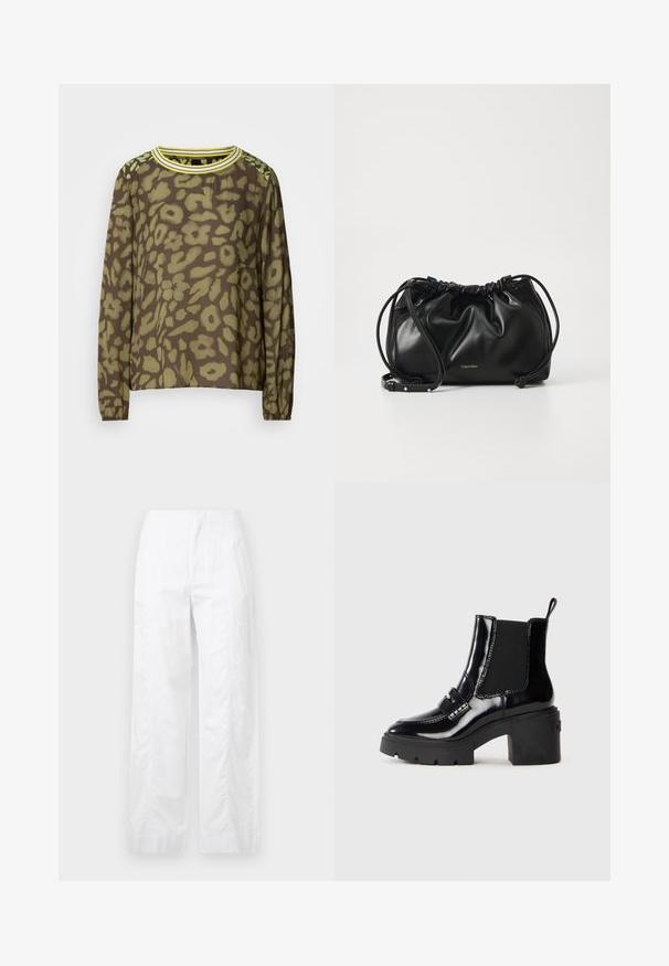 Haut marron à manches longues avec un motif floral abstrait vert, col rond avec des rayures jaunes et poignets élastiques.; Pantalons larges blancs en tissu léger, présentant une texture lisse, des lignes épurées et une taille haute.; Bottines en verni noir avec un talon épais, des panneaux latéraux élastiques, une sangle décorative et des coutures contrastées. Texture lisse avec une finition brillante.; Sac à main en cuir noir avec un design froncé, fermeture à double cordon et bandoulière amovible. Présente un détail de logo métallique.