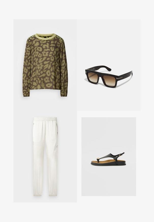 Brązowa bluzka z długim rękawem z zielonym, abstrakcyjnym wzorem kwiatowym, okrągłym dekoltem z żółtymi paskami i elastycznymi mankietami.; Jasne kremowe dresy z elastycznym pasem, zwężanymi mankietami, kieszeniami po bokach i zamknięciami na zamek. Gładka, lekko błyszcząca tekstura materiału.; Czarne sandały na cienkim pasku z okrąłym złotym akcentem, regulowanym paskiem z tyłu oraz płaską, wyściełaną podeszwą z jasnobrązową wkładką.; Okulary przeciwsłoneczne w kolorze żółwia z kwadratową ramą, gradientowymi brązowymi soczewkami i subtelnymi złotymi akcentami na zausznikach.; Brązowa zamszowa torba na ramię z dwoma miękkimi uchwytami, pionowym paskiem z srebrnym akcentem i szerokim, otwartym wnętrzem. Gładka faktura, minimalistyczny design.