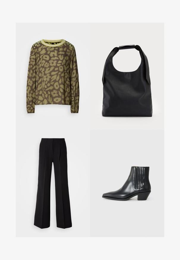 Dolga rjava majica z zelenim abstraktnim cvetličnim vzorcem, okrogla izreza z rumenimi črtami in elastičnimi manšetami.; Črne hlače iz gladkega materiala, z visokim pasom, širokimi nogavicami in dvema sprednjima pregiboma za dodatno oblikovanje.; Črne usnjene gležnjarje s koničastim nosom, elastičnimi stranskimi paneli z navpičnimi utori in nizko blokasto peto. Gladka tekstura in eleganten dizajn.; Črna usnjena torba hobo z enim mehkobnim, okroglim ročajem; ima gladko teksturo in minimalističen dizajn. Brez vidnih kovinskih delov ali poudarkov.