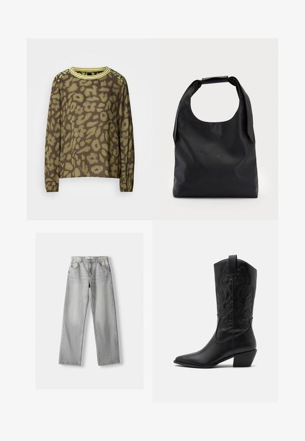 Langärmliges braunes Oberteil mit einem grünen abstrakten Blumenmuster, rundem Ausschnitt mit gelben Streifen und elastischen Bündchen.; Helle graue Jeans aus Denim mit geradem Bein, ausgestattet mit zwei vorderen Taschen, einem Knopfverschluss und subtilen Abnutzungen für Struktur.; Schwarze Leder-Cowboy-Stiefel mit spitzem Zeh, geprägten, wirbelnden Mustern und einem mittelhohen Absatz. Mit einem Zuglasche für einfaches An- und Ausziehen.; Schwarze Leder-Hobo-Tasche mit einem einzelnen, weichen, abgerundeten Griff; verfügt über eine glatte Textur und ein minimalistisches Design. Keine sichtbaren Beschläge oder Akzente.