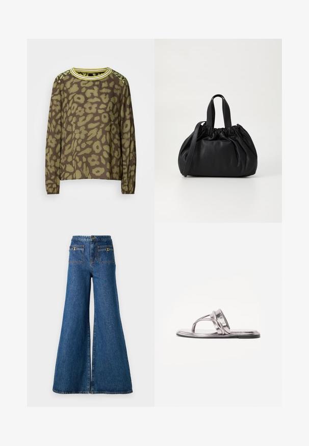 Top din bumbac cu mânecă lungă de culoare maro, prezentând un model floral abstract în nuanțe de verde, guler rotund cu dungi galbene și manșete elastice.; Jeans din denim cu picioare largi, de culoare albastru închis, având talie înaltă, două buzunare posterioare cu accesorii aurii și un tiv brut la pantaloni.; Sabot plat metalic argintiu cu un design al curelei curbate și o talpă subțire. Prezintă un bucluc pentru degete și un aspect minimalist.; Geantă de mână din piele neagră cu un design cu partea superioară plisată, având două mânere scurte și o curea lungă ajustabilă. Textură netedă, formă rotunjită.