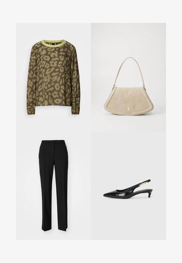 Long-sleeve brown top featuring a green abstract floral pattern, round neckline with yellow stripes, and elasticated cuffs.; Black tailored trousers with a straight-leg design, featuring a smooth texture and crisp creases along the front. No visible hardware.; Black leather slingback heels with a pointed toe, featuring a slim heel and a gold-tone accent on the adjustable strap. Smooth texture.; Beige suede handbag with a rounded triangular shape, a single strap, and a gold-tone hardware accent on the front.