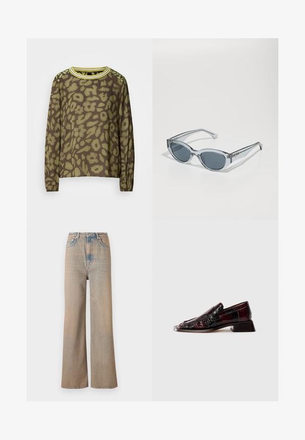 Langærmet brun top med et grønt abstrakt blomster mønster, rund halsudskæring med gule striber og elastiske manchetter.; Lyse vaskede, vide ben jeans med høj talje, lavet af denim. Har diskret syninger og fem lommer, med en let falmet tekstur.; Mørk burgunder lakeret læderloafer med tekstureret overflade, lav blokhæl og klassisk penny-stropdetalje, vist fra siden.; Klare, letvægts solbriller med ovale linser, gråtonede linser og slanke arme med en metaldetalje på tindingerne.; Bordeaux læderhåndtaske med en buet form. Har en enkelt skulderrem og en lynlåsåbning på toppen, der fremhæver en glat, tekstureret overflade.