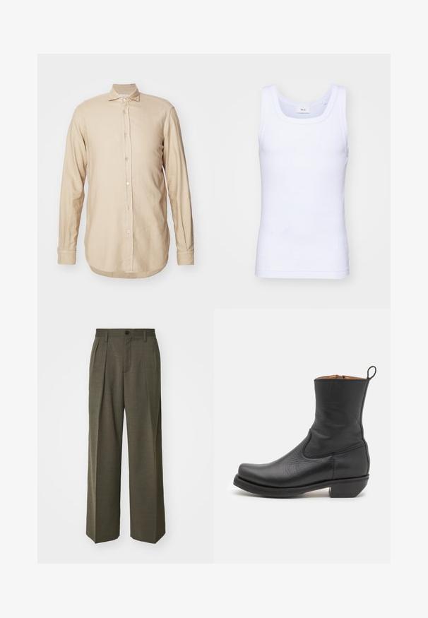 Gaiši brūns plāna auduma krekls ar garām piedurknēm, ar pogu aizdari, izkliedētu apkakli un izliekta apakšmalu ar smalku tekstūru.; Balta kokvilnas bez piedurknēm tank top krekliņš ar apaļu kakla izgriezumu, ar gludu tekstūru un pieguļošu formu, paredzēts ikdienas valkāšanai.; Filippa K WIDE TROUSERS - Auduma bikses - driftwood; Melna ādas potītes zābaks ar gludu tekstūru, šauru profilu, sānu šuvēm un zemu kvadrātveida papēdi. Aiz muguras ir pievilkšanas cilpa.