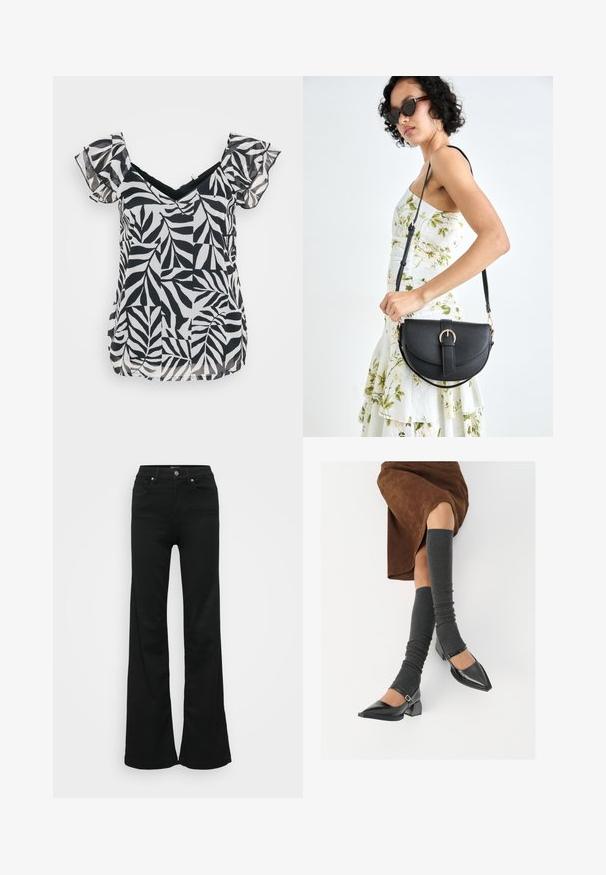 Fekete-fehér, rövid ujjú blúz V-nyakkal és fodros ujjakkal, könnyű anyagon levélmintával és laza szabással.; Fekete, trapéz szabású farmernadrág, magas derékkal, öt zsebbel és fémből készült gombos zárással. Simább textúrájú, minimális díszítéssel.; Fekete lakk bőrből készült, hegyes orrú cipők, tömbsarkúakkal és bokapánttal, szürke bordás lábszármelegítőkkel és barna velúr szoknyával párosítva.; Fekete bőrtáska ívelt formával, levehető pánttal és arany színű fémrészekkel. A táskán egy csattal díszített fedél található.