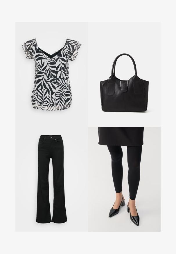Bluză scurtă din material ușor, alb-negru, cu mâneci flutură și decolteu în V, având un model cu frunze și o croială lejeră.; Jeans negri evazați din denim, cu talie înaltă, cinci buzunare și închidere cu nasture metalic. Textură netedă, cu detalii minime.; Colanți negri asortați cu pantofi slingback negri, cu vârf ascuțit și toc pătrat. Materialele par lucioase și elegante.; Geantă tote din piele neagră cu textură netedă, formă structurată, două mânere și un detaliu proeminent din aliaj de argint pe partea din față.
