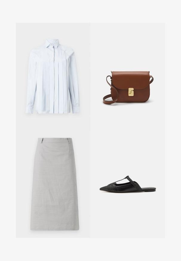 Light blue long-sleeve shirt with a pointed collar, featuring vertical pleats down the front and button closure at the neck. Smooth fabric texture.; Gray pencil skirt with a smooth texture, fitted shape, and a flat waistband, featuring side seams and no visible patterns or accents.; Black leather slingback shoe with a pointed toe, featuring a woven accent and pleated upper design. Flat sole with minimal hardware.; Brown leather handbag with a flap closure, gold-tone hardware, a shoulder strap, and a smooth texture. Compact rectangular shape.