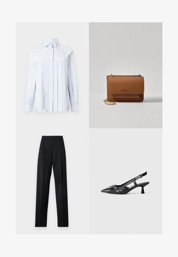 Cămașă albastru deschis cu mânecă lungă și guler cu vârf, având pliseuri verticale pe față și închidere cu nasturi la gât. Textură de țesătură netedă.; Pantaloni negri dintr-un material neted, cu talie înaltă, picioare largi, pliuri frontale și loop-uri clasice pentru curea. Fără buzunare laterale vizibile.; Pantofii slingback din piele neagră, cu vârful ascuțit, curele decorative cu ochiuri din metal și toc bloc mic. Suprafață texturată.; Geantă crossbody din piele texturată maro, cu curea din lanț aurit și închidere cu clapetă. Partea din față prezintă detalii cu logo și o buzunar sub clapetă.