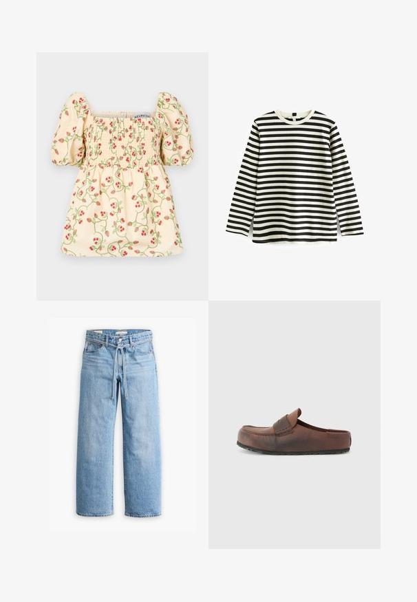 Kremkrāsas blūze ar puffētām piedurknēm, ar smock detaļām un ziedu izšuvumu – sarkanie zemenes un zaļās vītnes.; Garās piedurknes kokvilnas T-krekls ar melnbaltiem horizontāliem svītrām, apaļa kakla izgriezums un maiga tekstūra. Nav redzamu aksesuāru vai rotājumu.; Gai zila džinsa auduma platā stila bikses ar augstu vidukli, pogu un rāvējslēdzēju, kā arī auklas detaļu viduklī. Neapstrādāta apakšmalu apdare.; Brūni ādas slip-on apavi ar noapaļotu pirkstu, dekoratīvām šuvēm un teksturētu gumijas zoli. vienkāršs dizains un minimālisms.