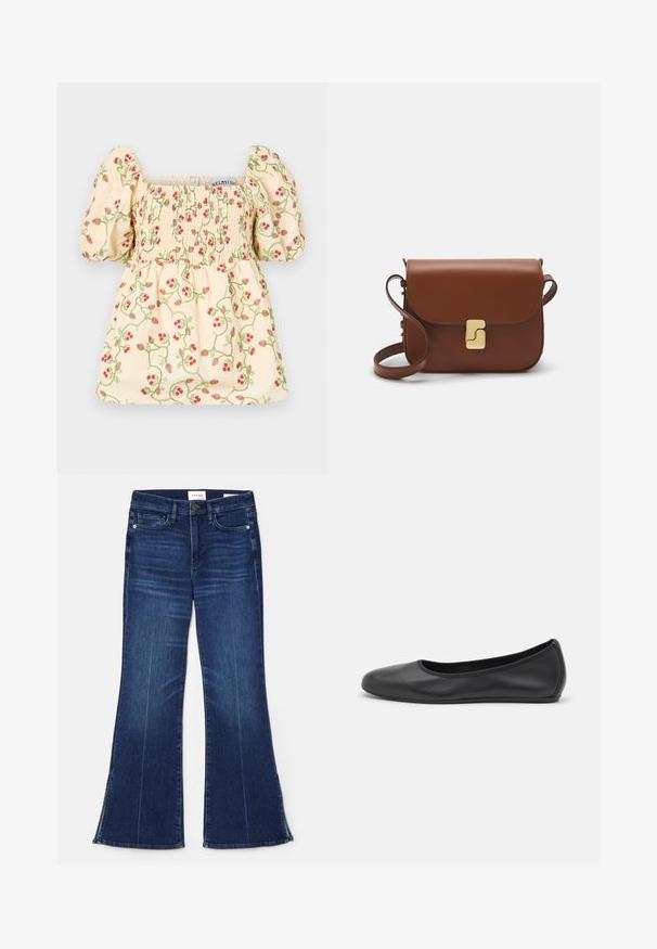 Bluză de culoare crem, cu mâneci bufante, având detalii smock și broderie florală cu căpșuni roșii și vițe verzi.; Jeans evazate de culoare albastră închisă, fabricate din denim. Prezintă o talie înaltă, buzunare frontale și detalii cu fante la tiv. Design clasic cu cinci buzunare.; Balerini din piele neagră, cu vârf rotund, textură netedă, detalii de cusătură minimale și un design al tălpii flexibil.; Geantă de piele maro cu închidere tip capac, accesorii de culoare aurie, curea de umăr și o textură netedă. Formă compactă și rectangulară.
