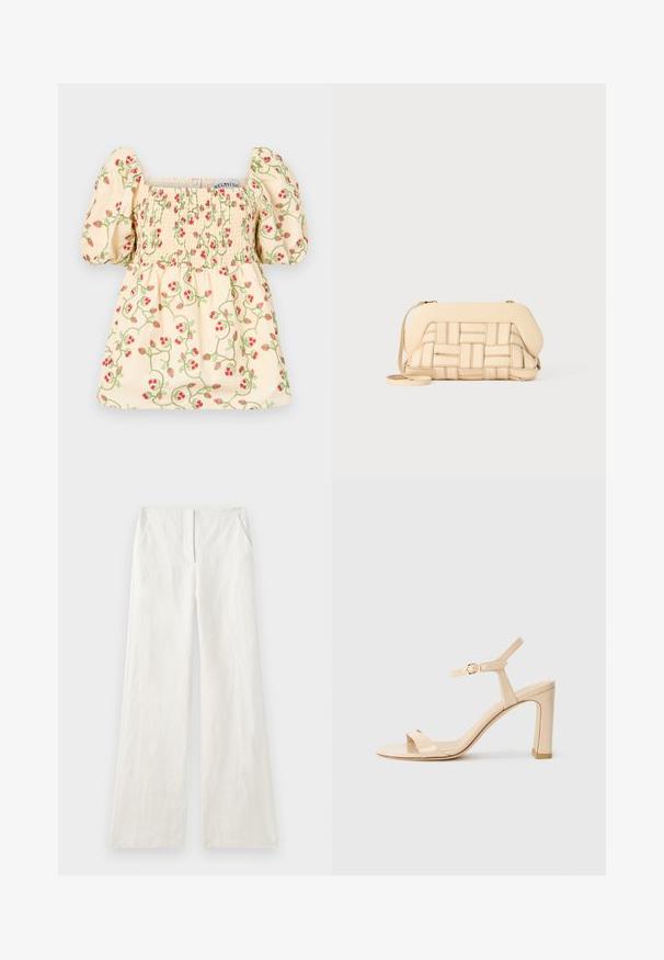 Cream-colored blouse with puffed sleeves, featuring smocked detailing and floral embroidery of red strawberries and green vines.; Wide-leg linen trousers in off-white, featuring a smooth texture, front pleats, and side pockets. Simple, unadorned design.; Beige high-heeled sandal with ankle strap and gold buckle, open toe, and block heel on a white background.; Woven beige handbag with a structured design, featuring a smooth top and a long strap. Textured detailing enhances the overall appearance.