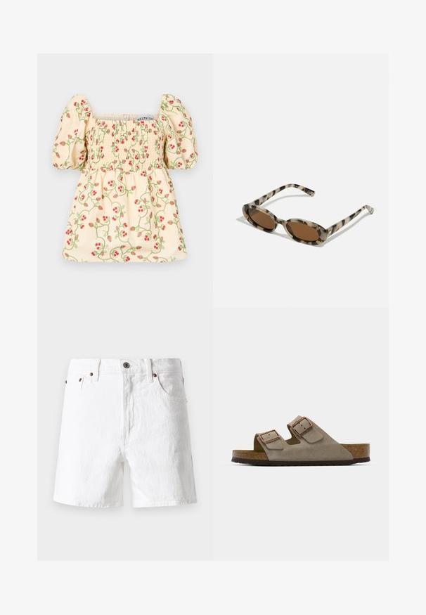 Cream-colored blouse with puffed sleeves, featuring smocked detailing and floral embroidery of red strawberries and green vines.; White denim shorts with a classic design, five pocket style, copper button accents, and a slightly textured fabric finish.; Suede slide sandal in light grey with two adjustable buckles, a cork midsole, and a textured rubber outsole.; Tortoiseshell sunglasses with oval lenses, brown tint, and thin patterned sides. Lightweight plastic material with subtle gold accents.; Silver-tone hoop earrings with a row of clear stones and a round crystal pendant hanging from each. Polished metal, sleek design.