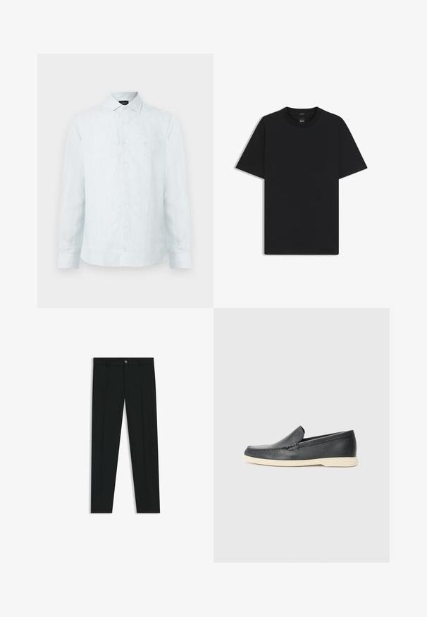 Herren-Hemd mit Knöpfen in Hellblau mit weißen vertikalen Streifen, klassischem Kragen, langen Ärmeln und dezentem Logo auf der Brust.; Schwarz T-Shirt mit kurzen Ärmeln aus einem glatten Baumwollmix, mit Rundhalsausschnitt und einem minimalistischen Design ohne Muster oder Akzente.; Schwarze Anzughosen mit geradem Bein, aus glattem Stoff. Mit Knopfverschluss vorne und Gürtelschlaufen. Schlicht ohne Muster.; Schwarze Leder-Slipper mit strukturiertem Finish und einer kontrastierenden beige Gummisohle. Mit einem dezenten Akzent an der Vorderseite.