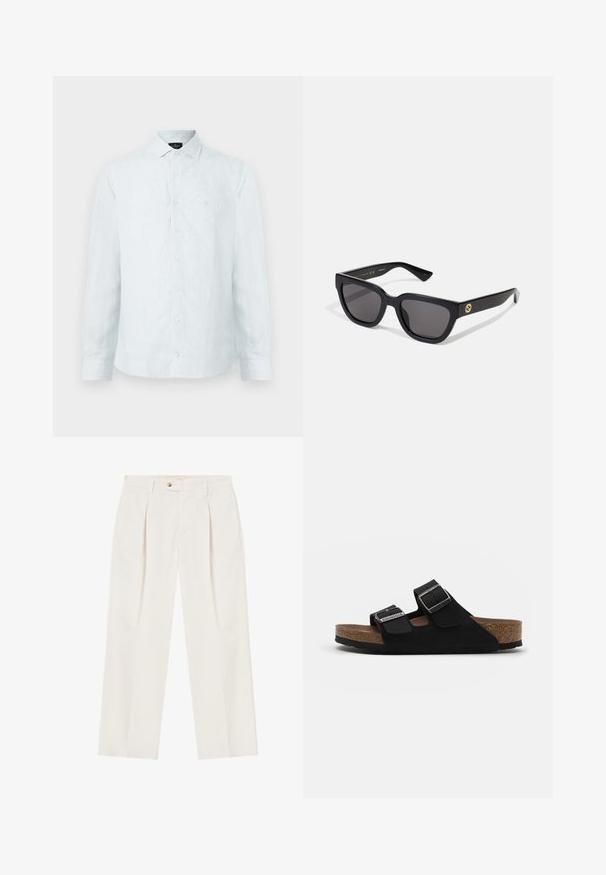 Camicia da uomo a maniche lunghe di colore blu chiaro con righe verticali bianche, colletto classico e logo discreto sul petto.; Pantaloni bianchi a gamba larga con pieghe sul davanti, chiusura a un bottone e tasche laterali. Texture liscia e design sartoriale.; Sandali neri in suede con due cinghie regolabili, fibbie argentate e una soletta in sughero. Presentano una suola nera texturizzata per una migliore aderenza.; Occhiali da sole rettangolari neri con finitura lucida, lenti scure e dettagli dorati sulla tempia che presentano il logo.