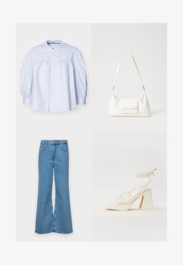 Light blue striped blouse with a ruffled collar, puffed sleeves, and button closure. Soft cotton fabric with gathered detailing at the bust.; Light blue flared jeans made of denim, featuring a high waist, five pockets, and a single button closure. Soft texture with faded finish.; White high-heeled sandal with a chunky heel, featuring a strappy design and ankle tie. Smooth texture with a platform front for added height.; White synthetic handbag with a triangular shape, flat front flap and bow detail, adjustable strap, smooth texture, and minimalistic design.