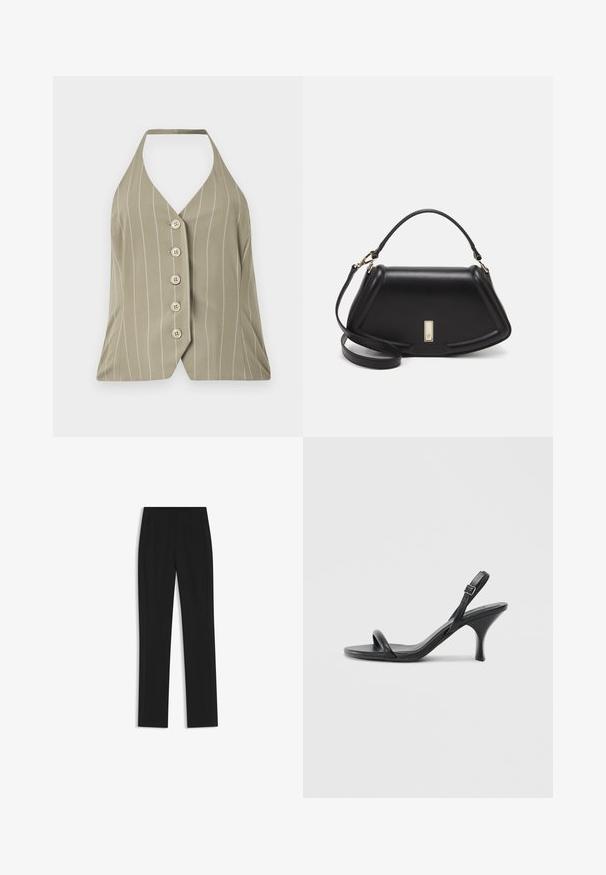 Haut à col halter en vert olive clair, arborant des rayures blanches verticales, cinq boutons sur le devant et une coupe ajustée avec un ourlet évasé.; Pantalon noir ajusté avec une coupe droite, doté de poches avant et d'un tissu lisse et texturé. Détails soignés et minimalistes.; Sandales à talons hauts en cuir noir avec un talon fin et courbé et un design de brides croisées. Bride de cheville réglable. Texture lisse.; Sac à main en cuir noir avec un design structuré, featuring une forme cropped, une poignée supérieure et des accents en matériel doré. Bandoulière réglable incluse.