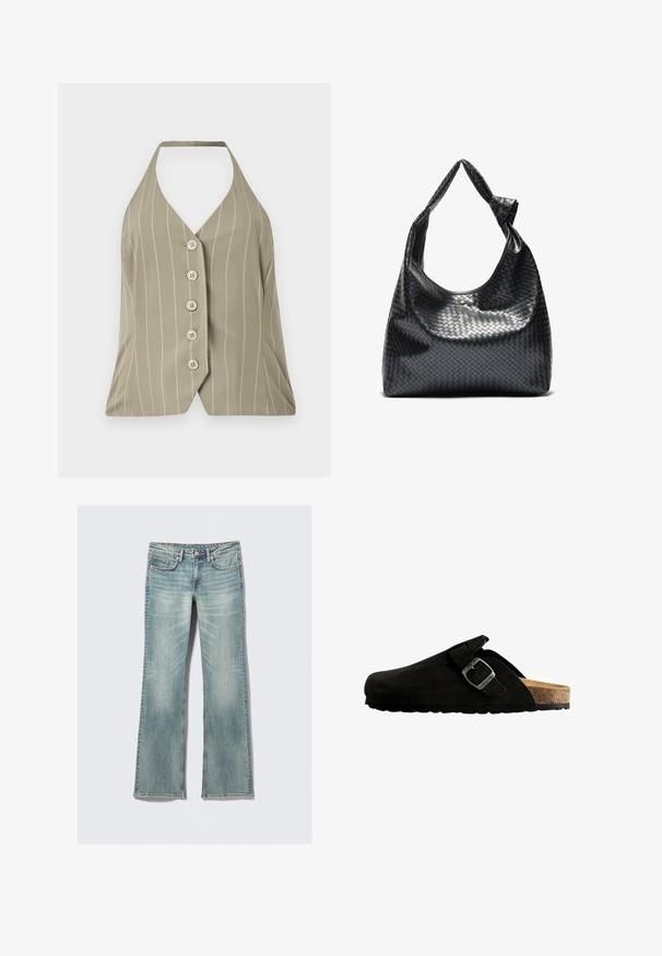 Top s halterneck v svetlo olivno zeleni barvi, s vertikalnimi belimi črtami, petimi gumbi spredaj ter oprijetim krojem in razpršenim robom.; Svetlo modri kavbojasti hlače z rahlim bledenjem, pet žepov, z gumbom zaprte in ravnimi nogami na beli podlagi.; Črne semiš klompice z zaobljenim nosom, nastavljivim kovinskim sponko in korčnim podplatom, ki ima teksturiran gumijast podplat.; Črna torbica iz pletene usnje s sproščenim dizajnom, ki ima vozel na traku in majhno dekorativno zlatno zakovico na vrhu.