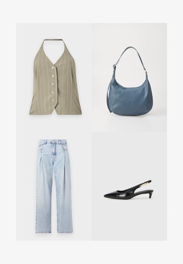 Šviesiai alyvuogių spalvos viršutinė dalis su halterio kaklu, su vertikaliomis baltomis juostomis, penkiais mygtukais priekyje ir prigludusia forma su platėjančia apatine dalimi.; Šviesiai mėlyni džinsai su aukštu liemeniu, plačiomis kojomis, dviem šoninėmis kišenėmis ir raukinių dizainu. Minkšta tekstūra su nudilusia apdaila.; Juodas odinis pavasario batelių modelis su smailiu nosiu, turintis siaurą kulniuką ir auksinės spalvos akcentu reguliuojamoje juostoje. Lygi tekstūra.; Mėlyna odinė rankinė su apvalia forma, viena petneša, užtrauktuku ir iškilmingu prekės ženklu priekyje. Lygi tekstūra.