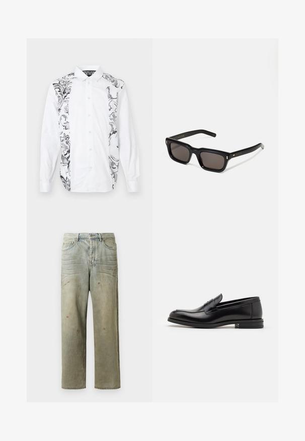 Witte overhemdbloes met complexe zwart-grijze bloemenpatronen aan één kant, gemaakt van een gladde stof met lange mouwen.; Verweerde denim jeans in lichtgroen, met een rechte pijp, vijf-pocket ontwerp en ongelijkmatige vervaging met verfspatten.; Zwarte leren instappers met een gladde textuur, ronde neus en een decoratieve band over de wreef. Lage, gestapelde hak en minimalistisch ontwerp.; Zwarte rechthoekige zonnebril met donkere lenzen, een dik plastic montuur, gouden accenten op de veren en het merkembleem gegraveerd op de arm.